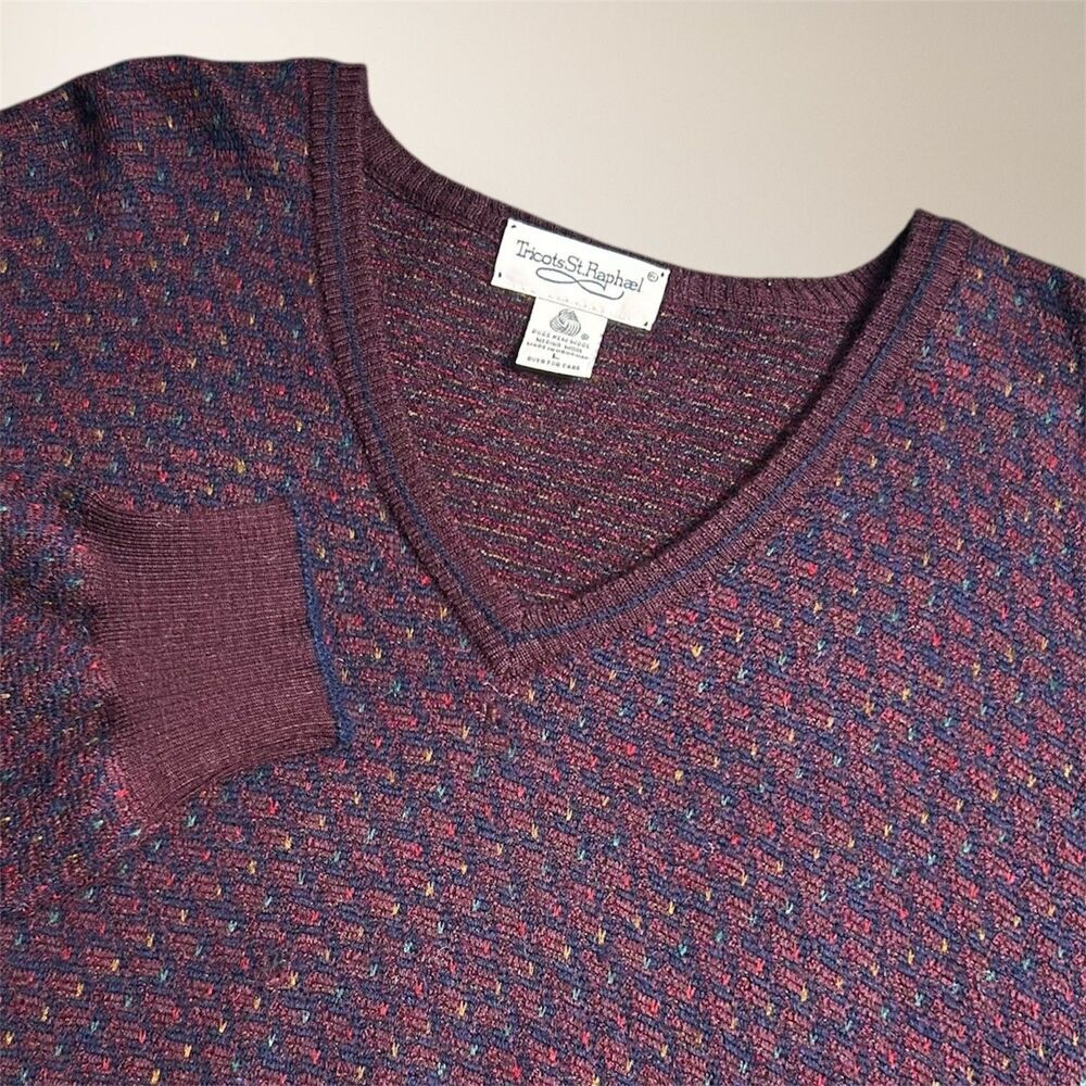 Vintage Tricots St Raphael Men's‎ L Burgundy Merino Wool V-Neck Grandpa Sweater